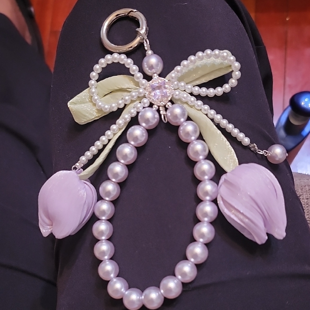 Elegant Lavendar Pearl & Flower Bag Charm Keychain W/Sage Bow & Rhinestones
